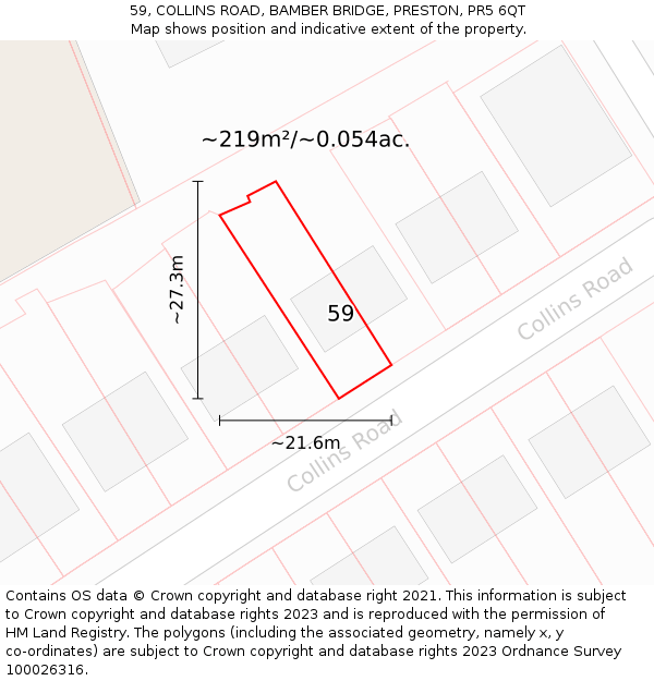 59, COLLINS ROAD, BAMBER BRIDGE, PRESTON, PR5 6QT: Plot and title map