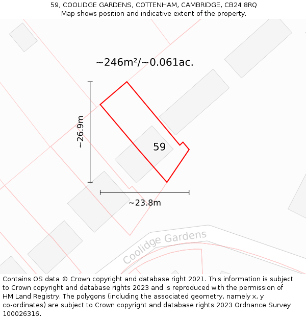 59, COOLIDGE GARDENS, COTTENHAM, CAMBRIDGE, CB24 8RQ: Plot and title map