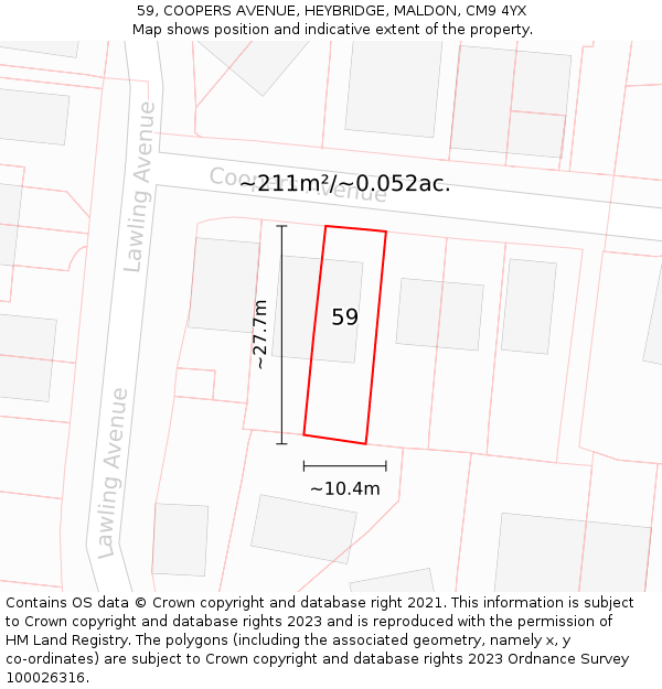 59, COOPERS AVENUE, HEYBRIDGE, MALDON, CM9 4YX: Plot and title map