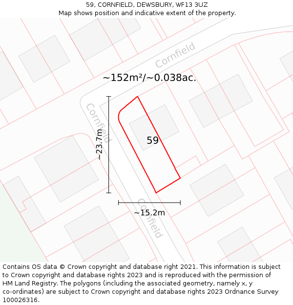 59, CORNFIELD, DEWSBURY, WF13 3UZ: Plot and title map