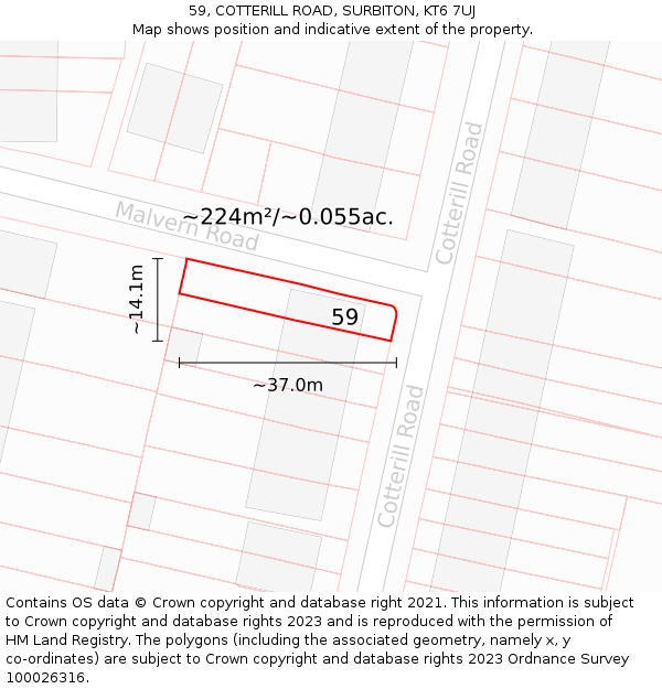 59, COTTERILL ROAD, SURBITON, KT6 7UJ: Plot and title map