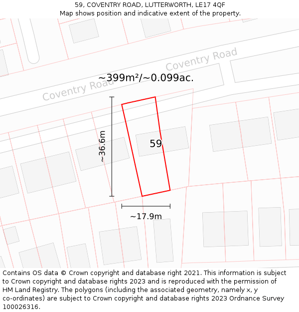 59, COVENTRY ROAD, LUTTERWORTH, LE17 4QF: Plot and title map