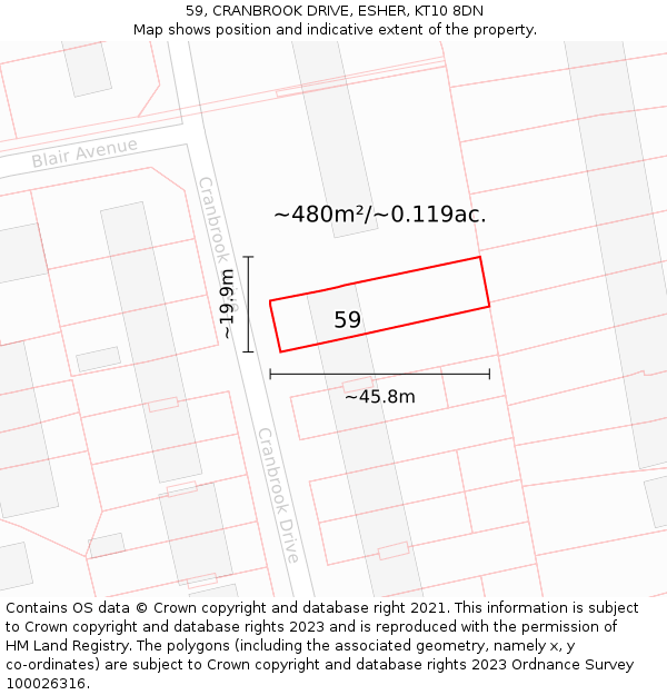 59, CRANBROOK DRIVE, ESHER, KT10 8DN: Plot and title map