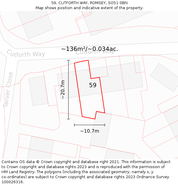 59, CUTFORTH WAY, ROMSEY, SO51 0BN: Plot and title map