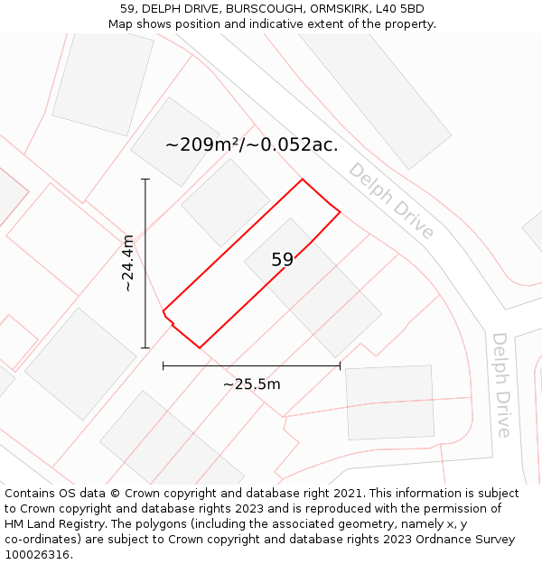 59, DELPH DRIVE, BURSCOUGH, ORMSKIRK, L40 5BD: Plot and title map