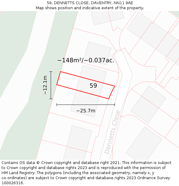 59, DENNETTS CLOSE, DAVENTRY, NN11 9AE: Plot and title map