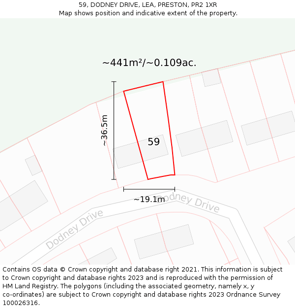 59, DODNEY DRIVE, LEA, PRESTON, PR2 1XR: Plot and title map