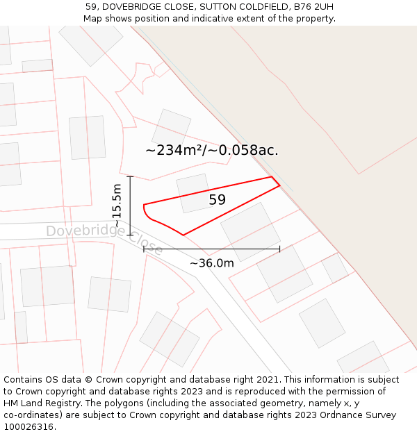 59, DOVEBRIDGE CLOSE, SUTTON COLDFIELD, B76 2UH: Plot and title map
