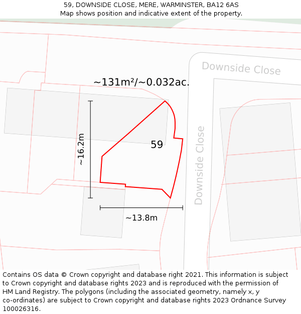 59, DOWNSIDE CLOSE, MERE, WARMINSTER, BA12 6AS: Plot and title map