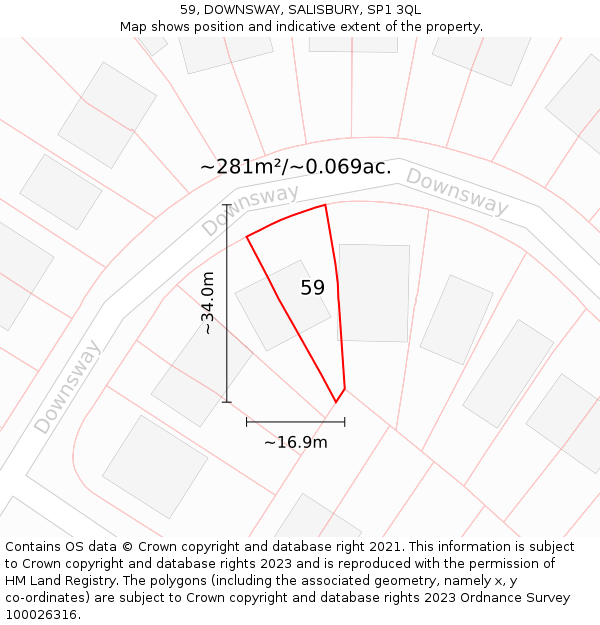 59, DOWNSWAY, SALISBURY, SP1 3QL: Plot and title map