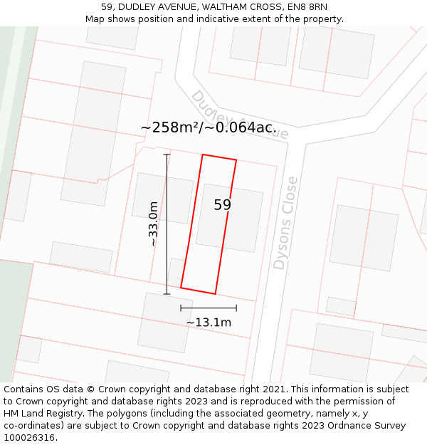 59, DUDLEY AVENUE, WALTHAM CROSS, EN8 8RN: Plot and title map
