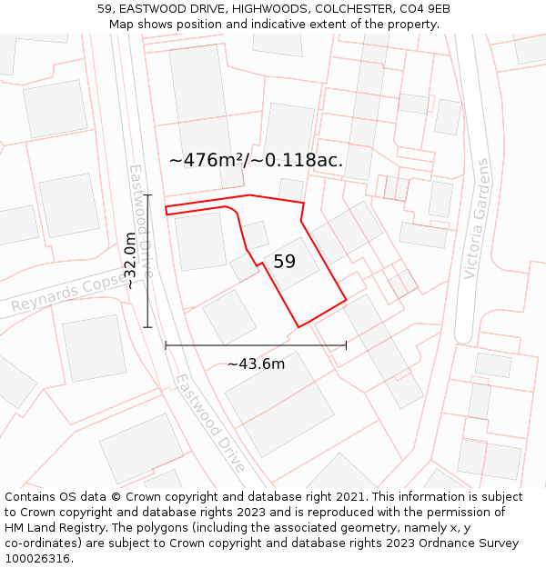 59, EASTWOOD DRIVE, HIGHWOODS, COLCHESTER, CO4 9EB: Plot and title map