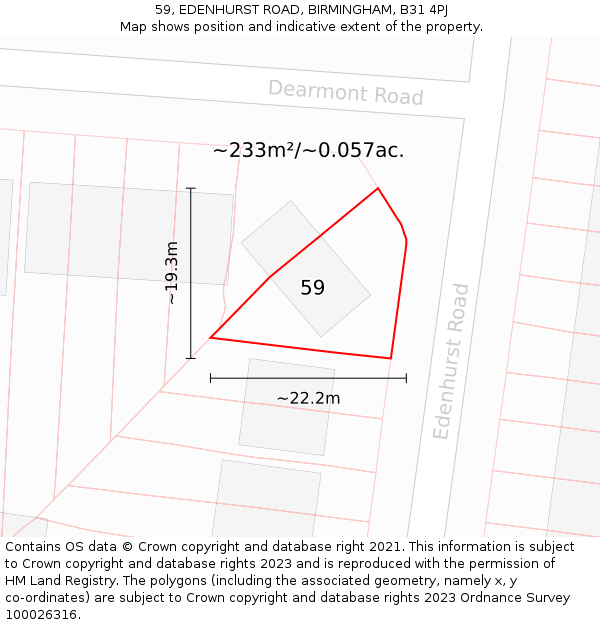 59, EDENHURST ROAD, BIRMINGHAM, B31 4PJ: Plot and title map