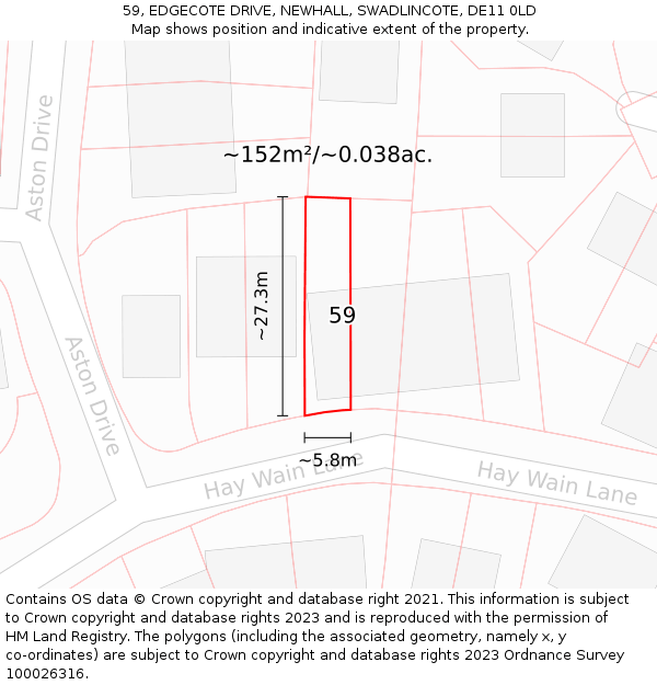 59, EDGECOTE DRIVE, NEWHALL, SWADLINCOTE, DE11 0LD: Plot and title map