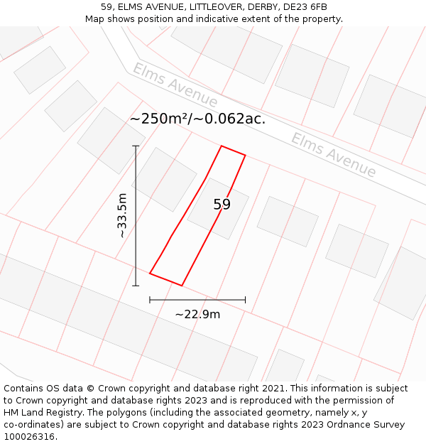 59, ELMS AVENUE, LITTLEOVER, DERBY, DE23 6FB: Plot and title map