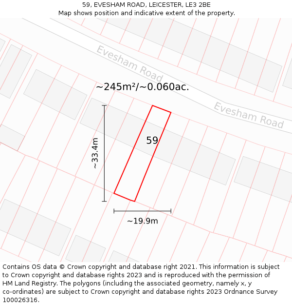 59, EVESHAM ROAD, LEICESTER, LE3 2BE: Plot and title map