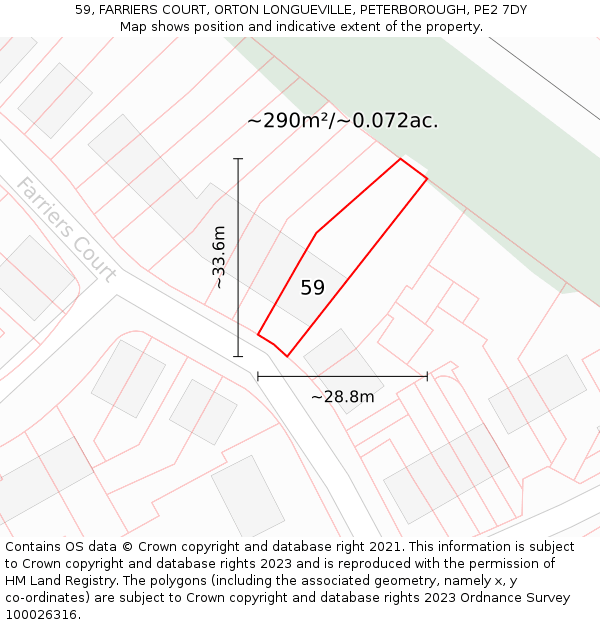 59, FARRIERS COURT, ORTON LONGUEVILLE, PETERBOROUGH, PE2 7DY: Plot and title map