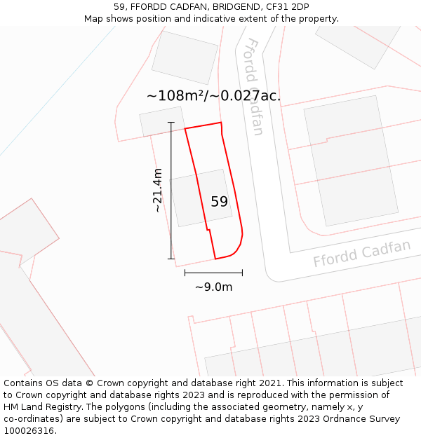 59, FFORDD CADFAN, BRIDGEND, CF31 2DP: Plot and title map
