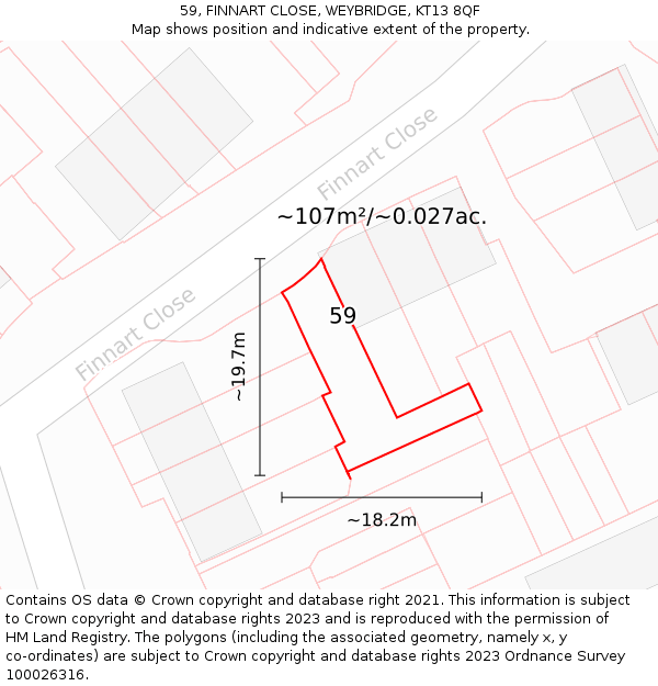 59, FINNART CLOSE, WEYBRIDGE, KT13 8QF: Plot and title map