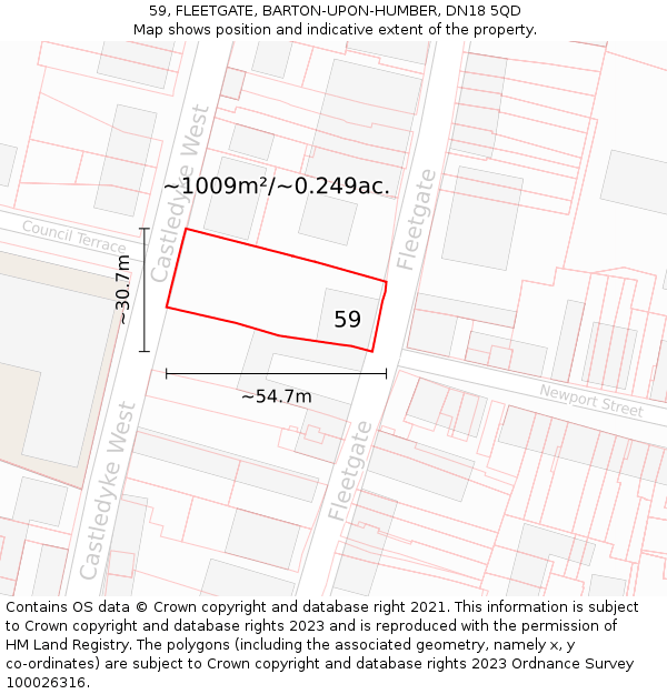 59, FLEETGATE, BARTON-UPON-HUMBER, DN18 5QD: Plot and title map