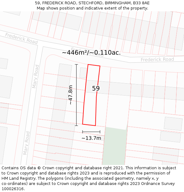 59, FREDERICK ROAD, STECHFORD, BIRMINGHAM, B33 8AE: Plot and title map