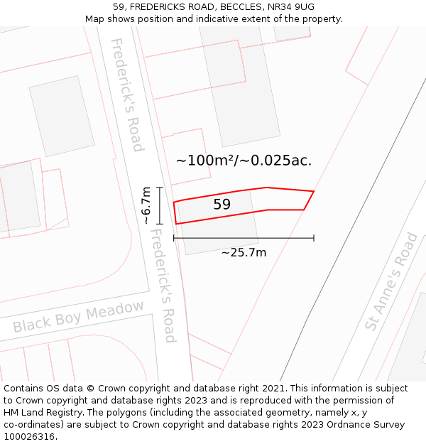 59, FREDERICKS ROAD, BECCLES, NR34 9UG: Plot and title map