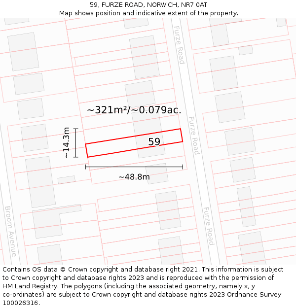 59, FURZE ROAD, NORWICH, NR7 0AT: Plot and title map