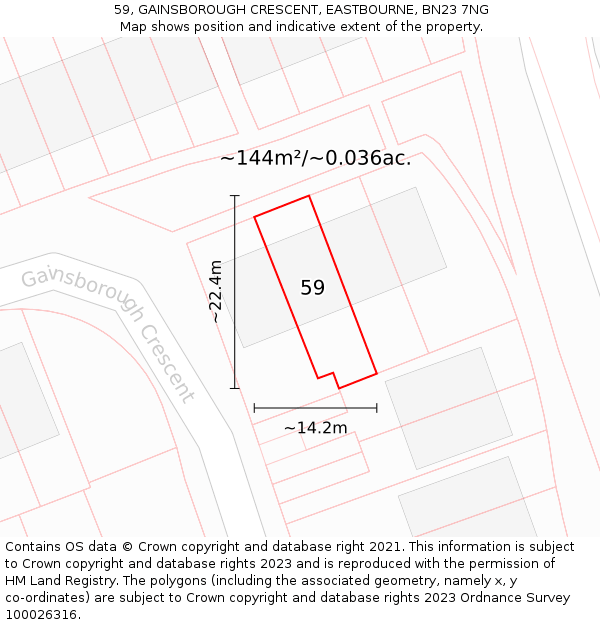 59, GAINSBOROUGH CRESCENT, EASTBOURNE, BN23 7NG: Plot and title map