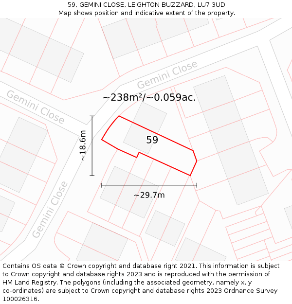 59, GEMINI CLOSE, LEIGHTON BUZZARD, LU7 3UD: Plot and title map