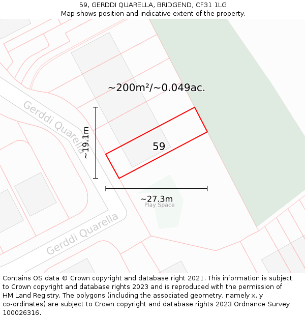59, GERDDI QUARELLA, BRIDGEND, CF31 1LG: Plot and title map
