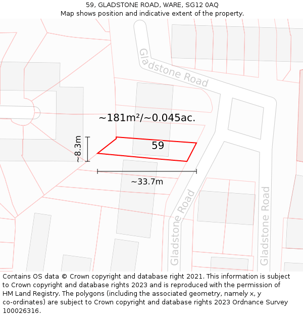 59, GLADSTONE ROAD, WARE, SG12 0AQ: Plot and title map