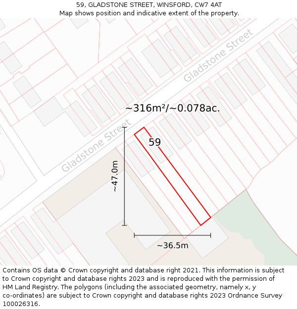 59, GLADSTONE STREET, WINSFORD, CW7 4AT: Plot and title map