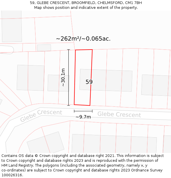 59, GLEBE CRESCENT, BROOMFIELD, CHELMSFORD, CM1 7BH: Plot and title map