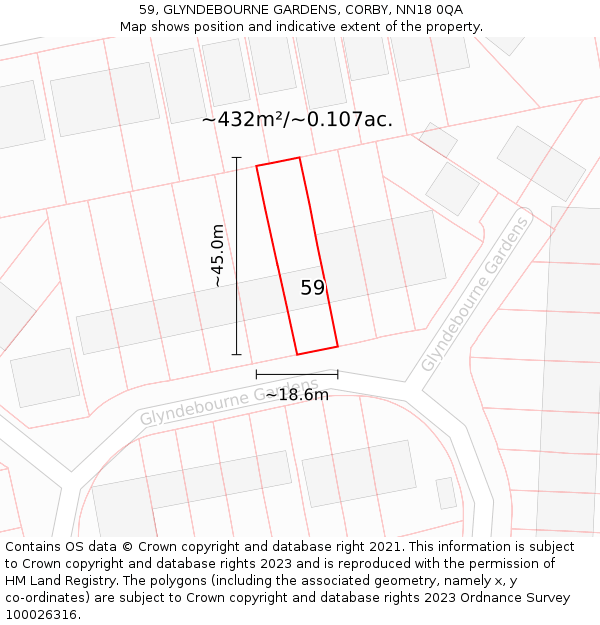 59, GLYNDEBOURNE GARDENS, CORBY, NN18 0QA: Plot and title map