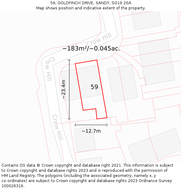 59, GOLDFINCH DRIVE, SANDY, SG19 2SA: Plot and title map