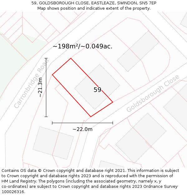 59, GOLDSBOROUGH CLOSE, EASTLEAZE, SWINDON, SN5 7EP: Plot and title map