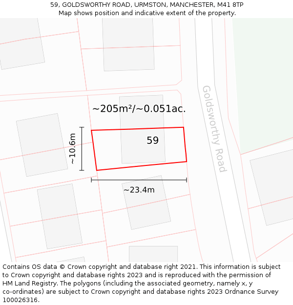59, GOLDSWORTHY ROAD, URMSTON, MANCHESTER, M41 8TP: Plot and title map
