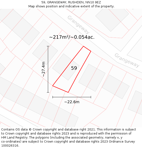59, GRANGEWAY, RUSHDEN, NN10 9EZ: Plot and title map