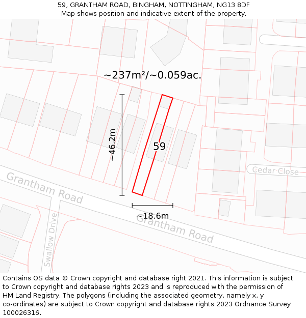 59, GRANTHAM ROAD, BINGHAM, NOTTINGHAM, NG13 8DF: Plot and title map