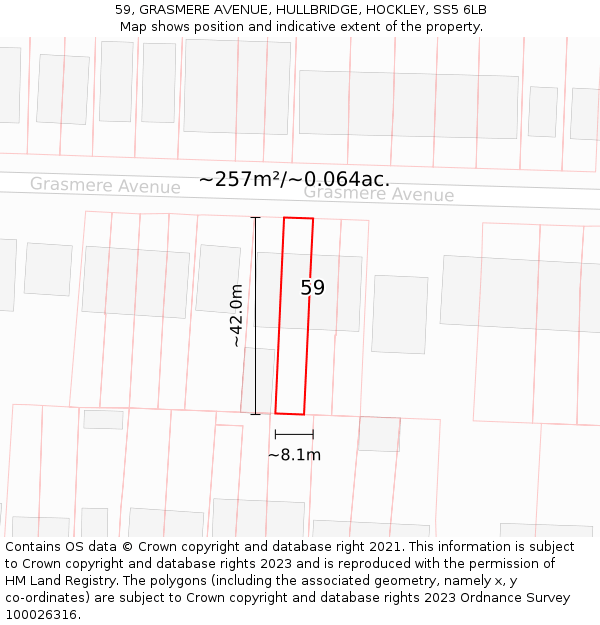 59, GRASMERE AVENUE, HULLBRIDGE, HOCKLEY, SS5 6LB: Plot and title map