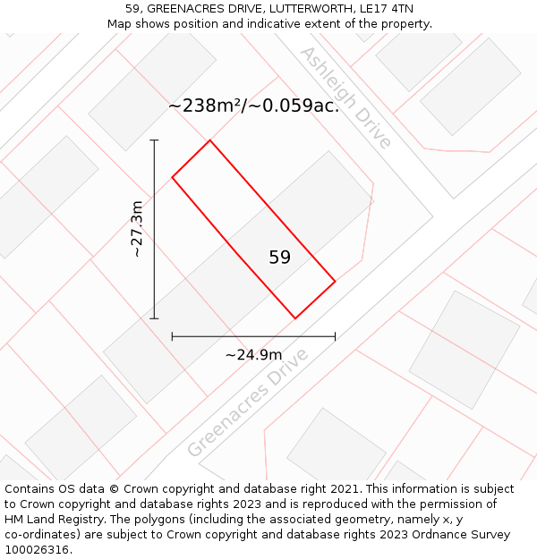 59, GREENACRES DRIVE, LUTTERWORTH, LE17 4TN: Plot and title map