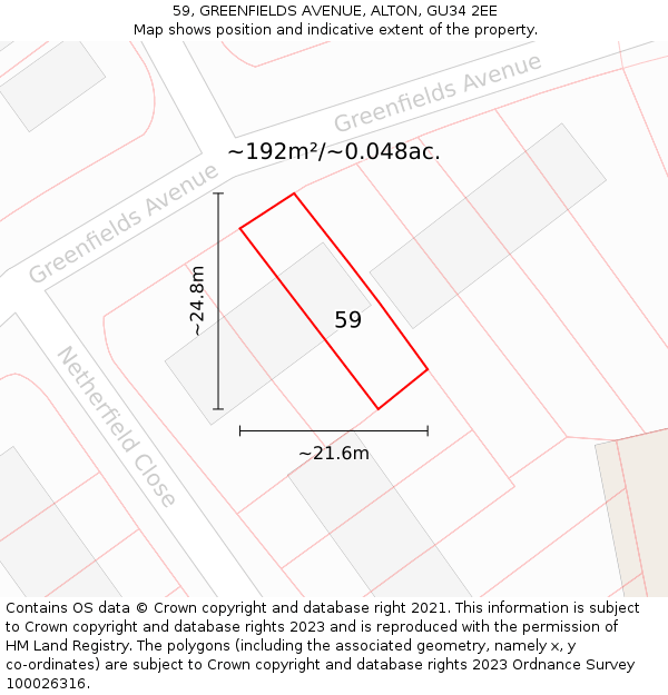 59, GREENFIELDS AVENUE, ALTON, GU34 2EE: Plot and title map