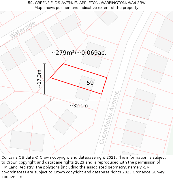 59, GREENFIELDS AVENUE, APPLETON, WARRINGTON, WA4 3BW: Plot and title map