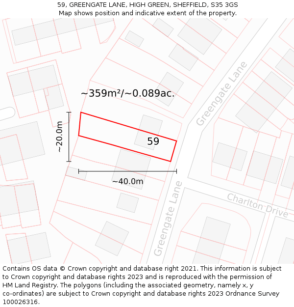 59, GREENGATE LANE, HIGH GREEN, SHEFFIELD, S35 3GS: Plot and title map