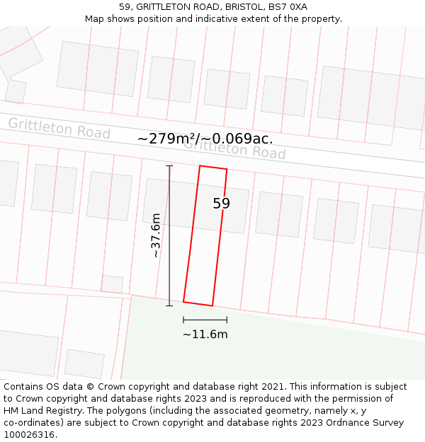 59, GRITTLETON ROAD, BRISTOL, BS7 0XA: Plot and title map