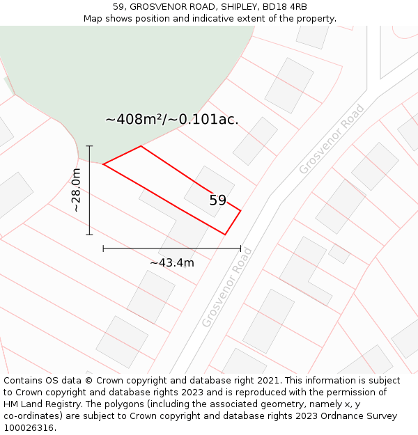 59, GROSVENOR ROAD, SHIPLEY, BD18 4RB: Plot and title map