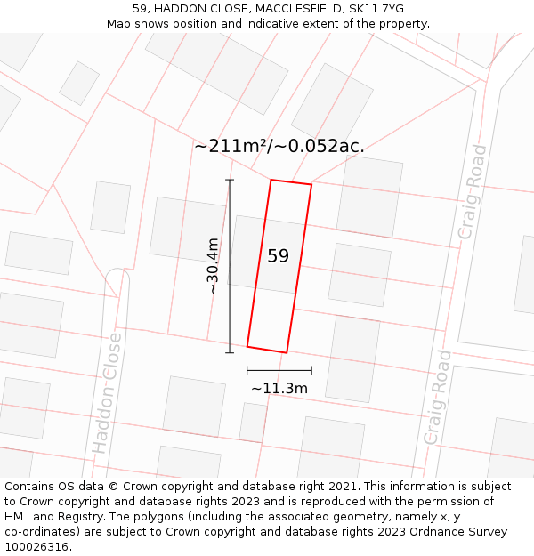 59, HADDON CLOSE, MACCLESFIELD, SK11 7YG: Plot and title map