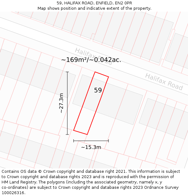 59, HALIFAX ROAD, ENFIELD, EN2 0PR: Plot and title map