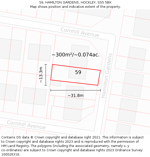59, HAMILTON GARDENS, HOCKLEY, SS5 5BX: Plot and title map