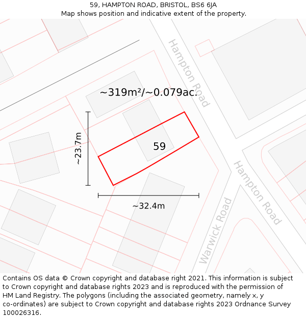 59, HAMPTON ROAD, BRISTOL, BS6 6JA: Plot and title map